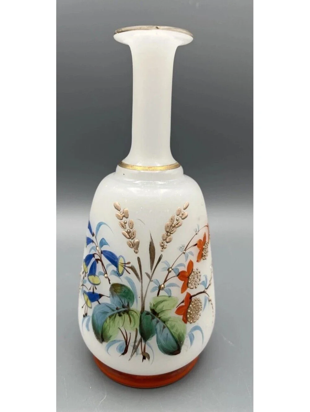 Antique Victorian Bristol Opaque Glass Vase Hand Painted Floral Enamel Gold Trim